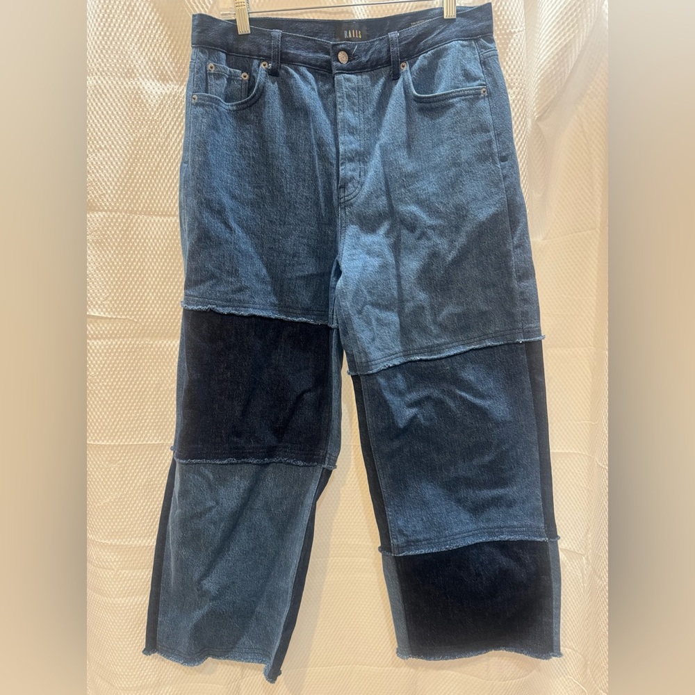 Rails Getty Crop Jeans Womens Size 31 Indigo Patchwork High Rise Wide Leg H - Picture 2 of 16